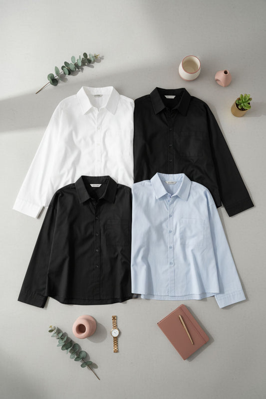 Oversized cotton blouse for women in 4 colors - white, black, light blue and chocolate brown - styled with minimalist accessories