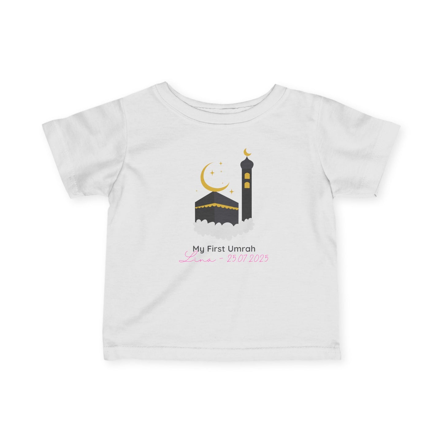 Personalized baby Umrah t-shirt with Kaaba and minaret design, featuring name and date