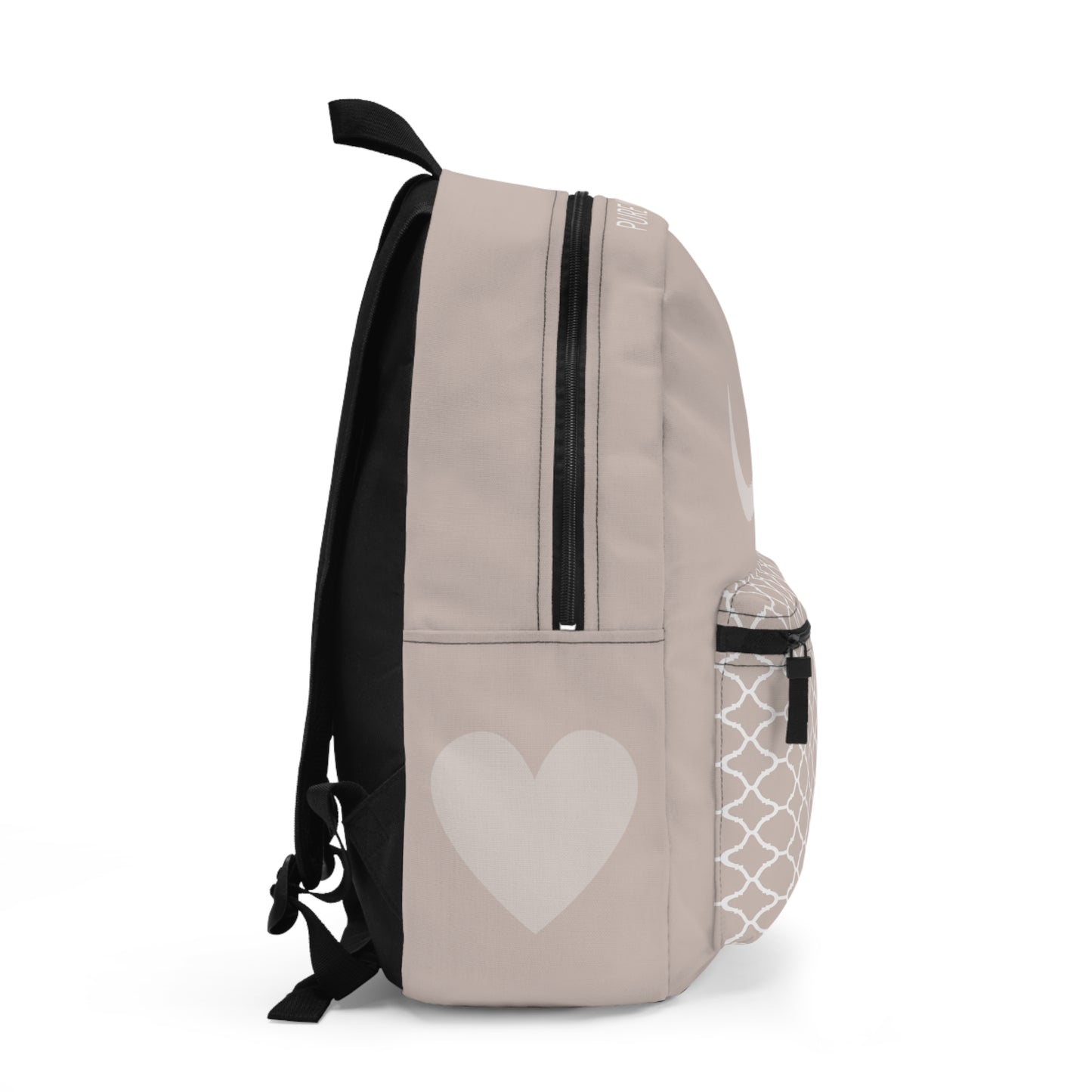 Side view of custom Muslim school bag for kids with heart detail