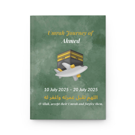 Green Umrah journal with airplane and Kaaba, personalized with name, dua, dates, and quote “This journey was written for me before I was born”