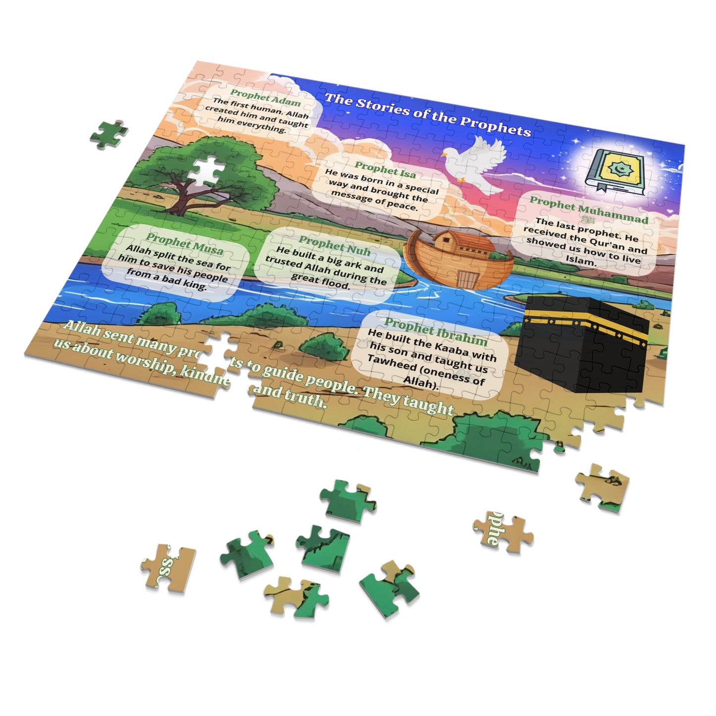 Islamic Educational Puzzle Set for Muslim Kids – 6 Puzzles on Deen, Prophets, Prayer, Daily Life & Values (30–2000 pcs)