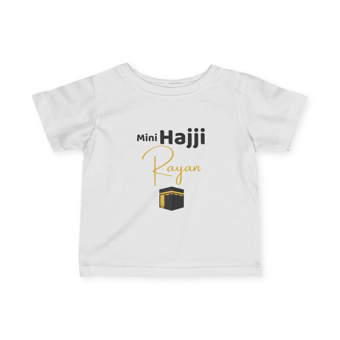 Personalized Mini Hajji baby T-shirt with Kaaba design and custom name in gold script