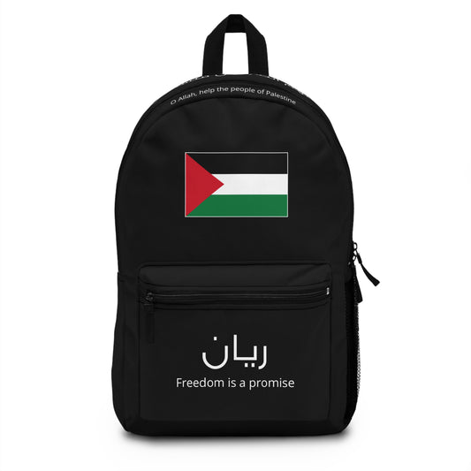 Front of personalized Palestine backpack with Arabic name and flag
