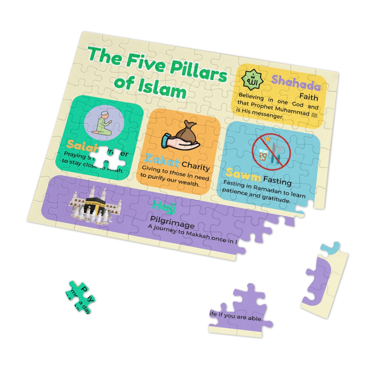 Islamic Educational Puzzle Set for Muslim Kids – 6 Puzzles on Deen, Prophets, Prayer, Daily Life & Values (30–2000 pcs)