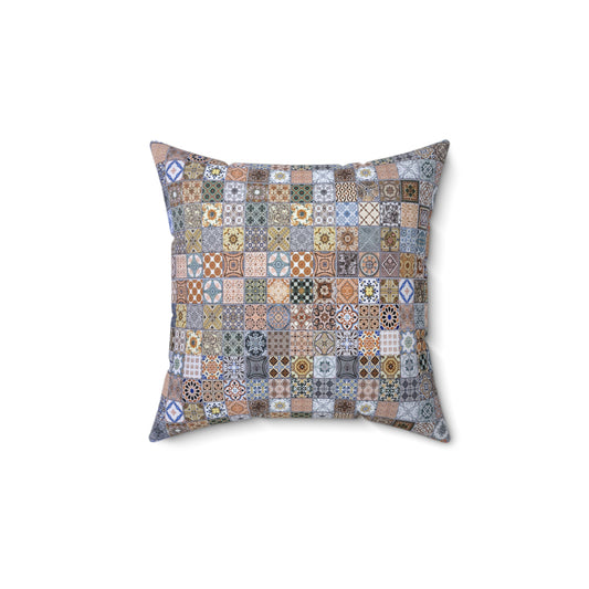 Islamic throw pillow with double-sided Moroccan tile mosaic design in earthy and blue tones