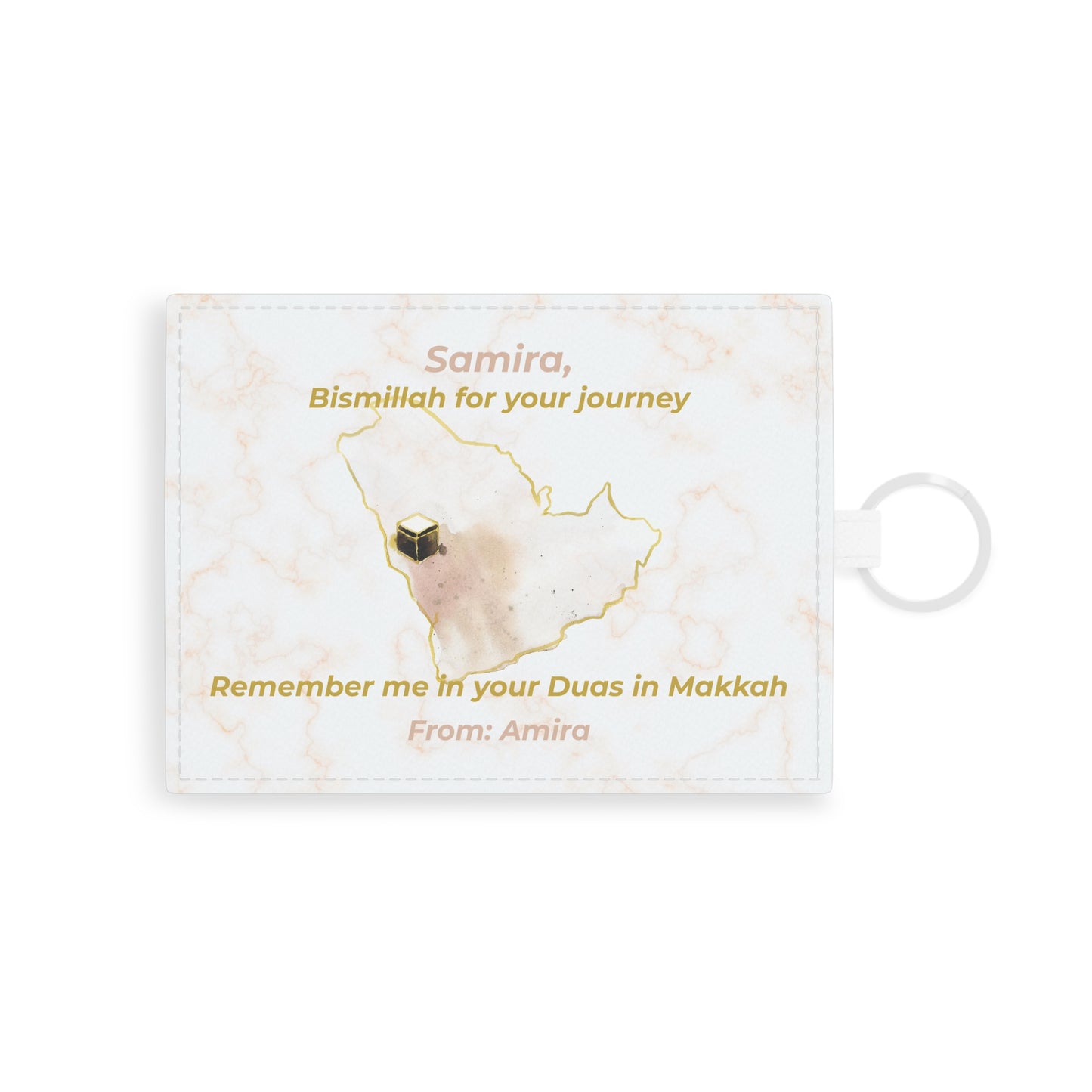Islamic faux leather card holder with Kaaba map design, personalized with name and Umrah dua message