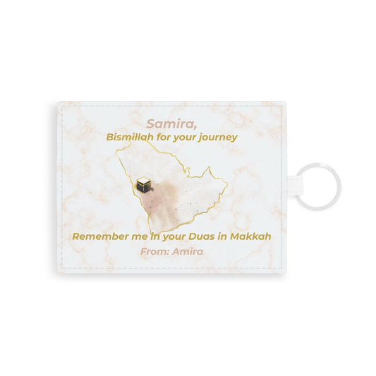 Islamic faux leather card holder with Kaaba map design, personalized with name and Umrah dua message