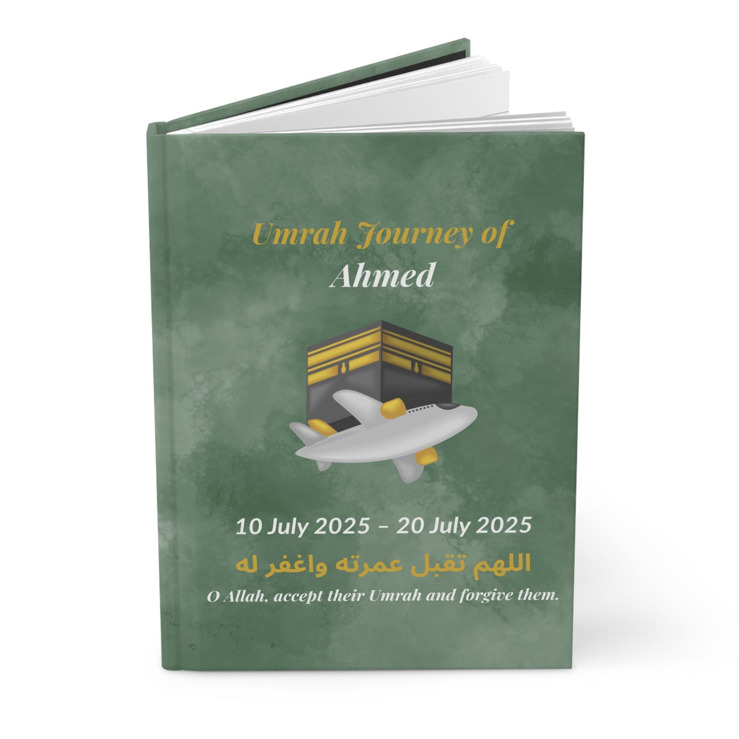 Personalized Umrah Journey Notebook – Green Matte Hardcover Islamic Journal with Dua & Dates