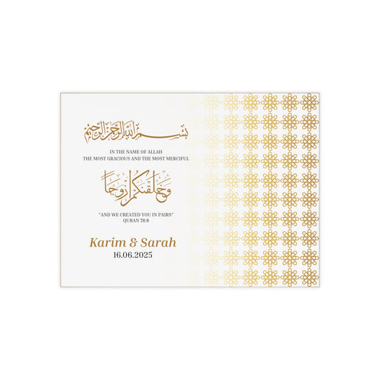 Horizontal Islamic Nikah tile with Quran verse, Bismillah, gold floral pattern, and custom names and date