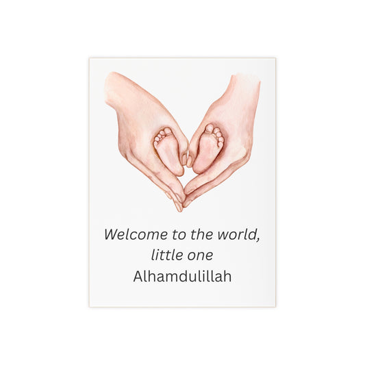 Islamic baby wall art with watercolor baby feet and hands in heart shape, with “Welcome to the world, little one – Alhamdulillah” text