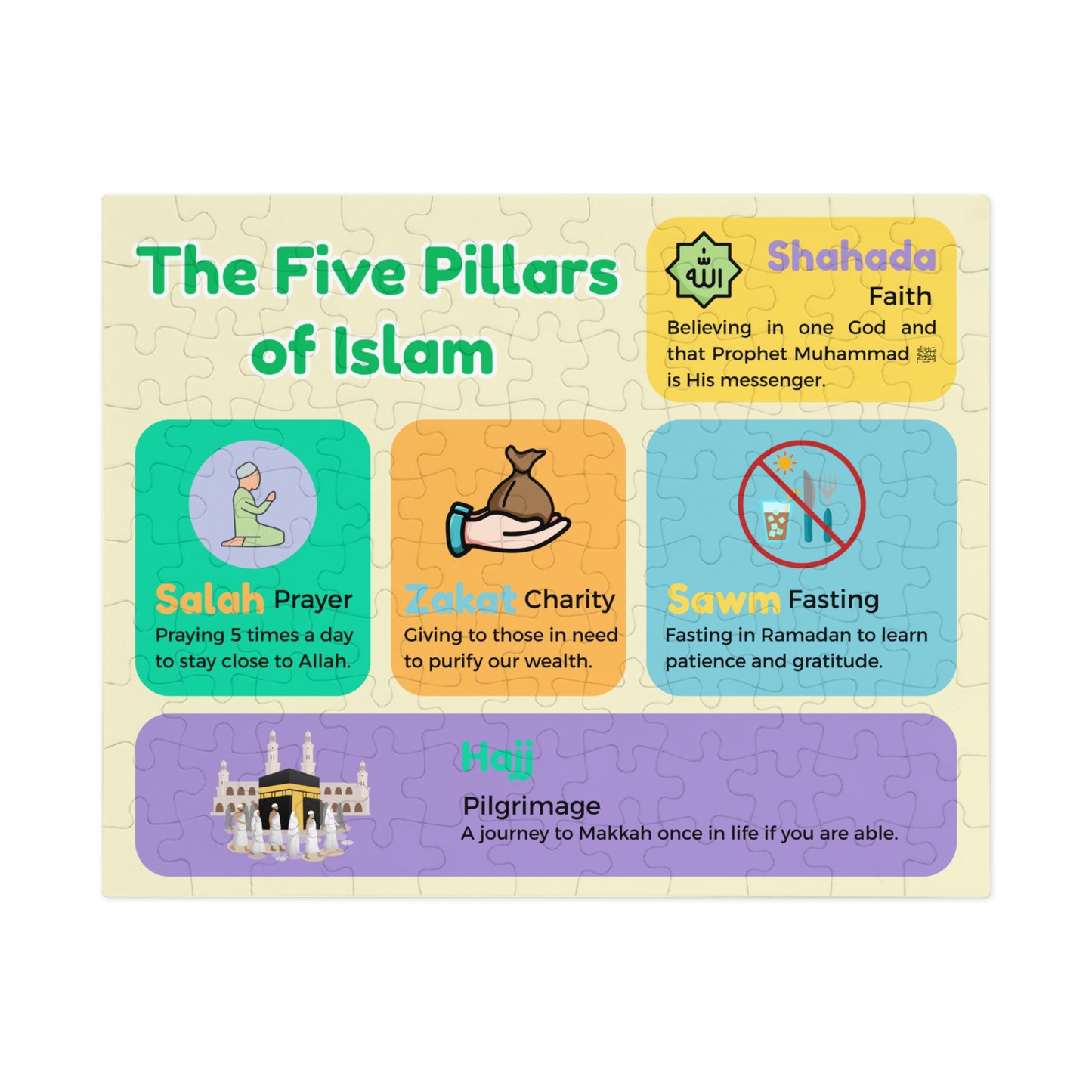 Islamic Educational Puzzle Set for Muslim Kids – 6 Puzzles on Deen, Prophets, Prayer, Daily Life & Values (30–2000 pcs)