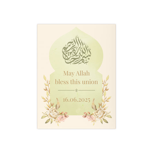 Islamic wedding tile with “May Allah bless this union,” Bismillah calligraphy, soft green arch, and personalized date