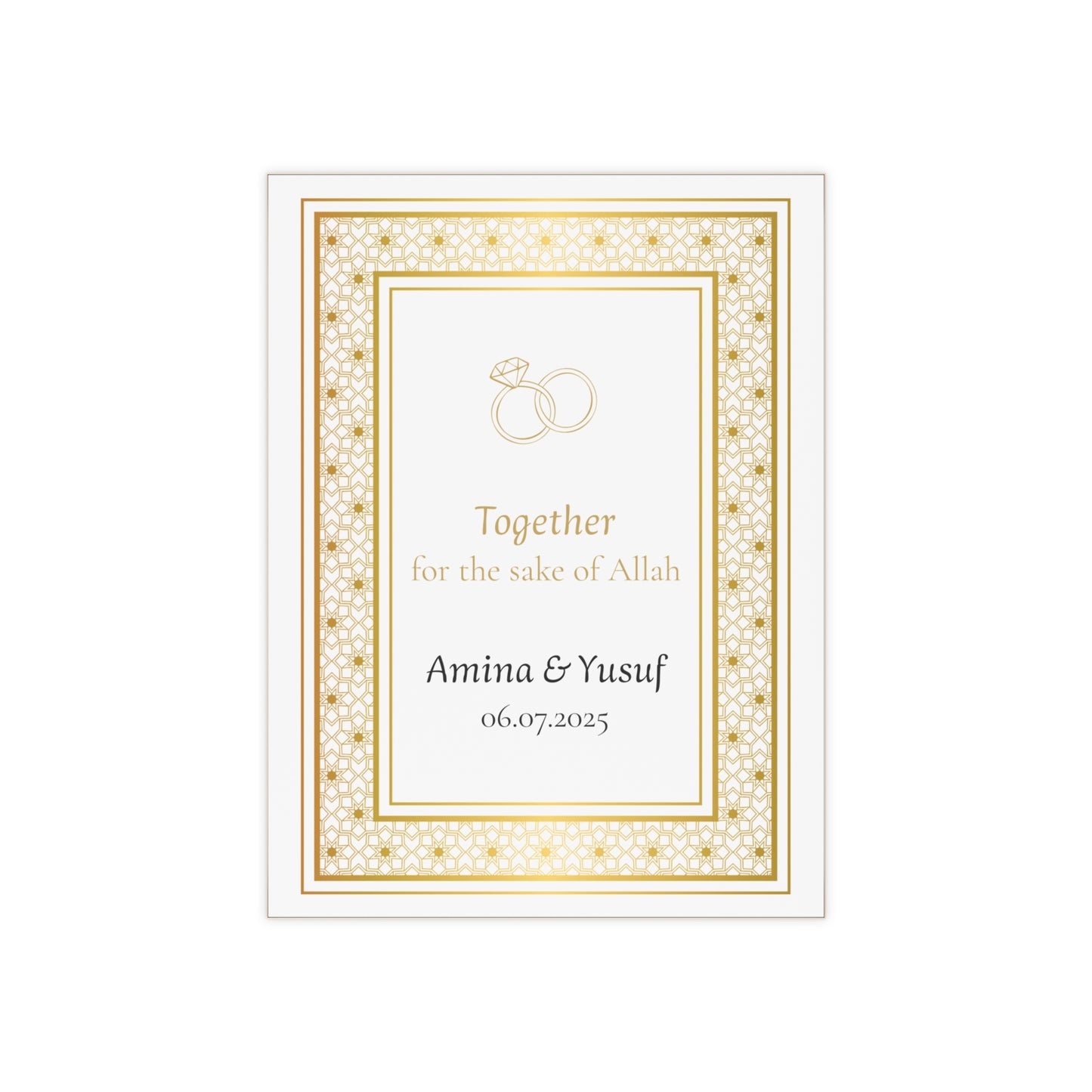 Personalized Islamic wedding tile with gold rings and names, Nikah keepsake gift with Arabic-style border and custom date