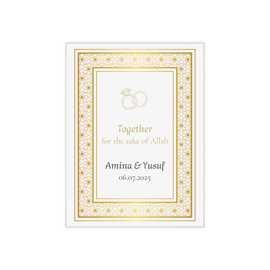 Personalized Islamic wedding tile with gold rings and names, Nikah keepsake gift with Arabic-style border and custom date