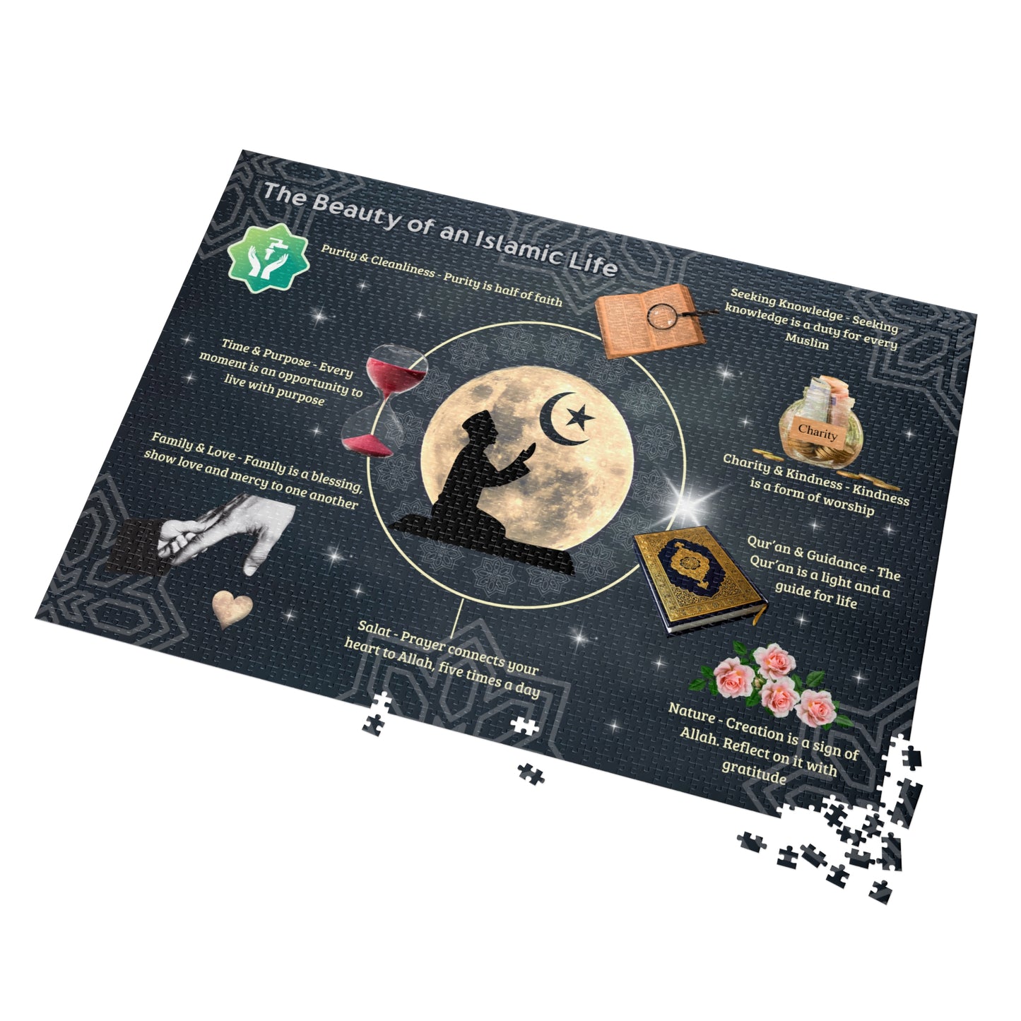 Islamic Educational Puzzle Set for Muslim Kids – 6 Puzzles on Deen, Prophets, Prayer, Daily Life & Values (30–2000 pcs)