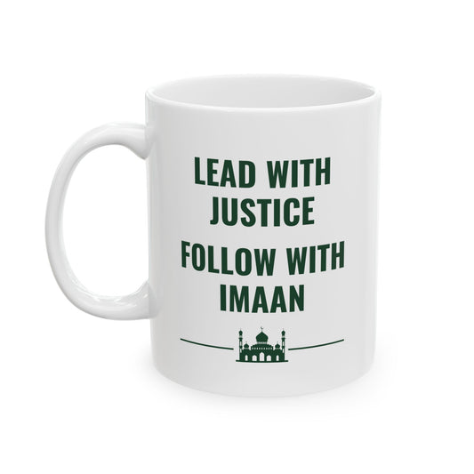 White mug with the quote “Lead with Justice, Follow with Imaan” and a mosque silhouette – perfect Islamic gift for a mindful Muslim man.