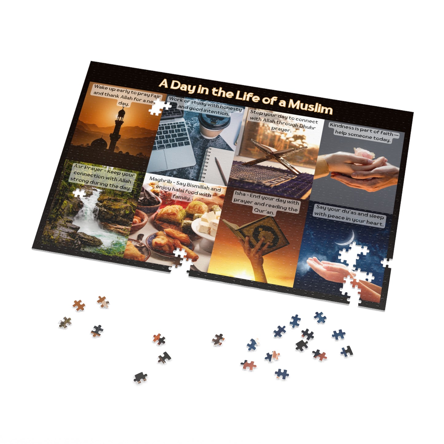 Islamic Educational Puzzle Set for Muslim Kids – 6 Puzzles on Deen, Prophets, Prayer, Daily Life & Values (30–2000 pcs)