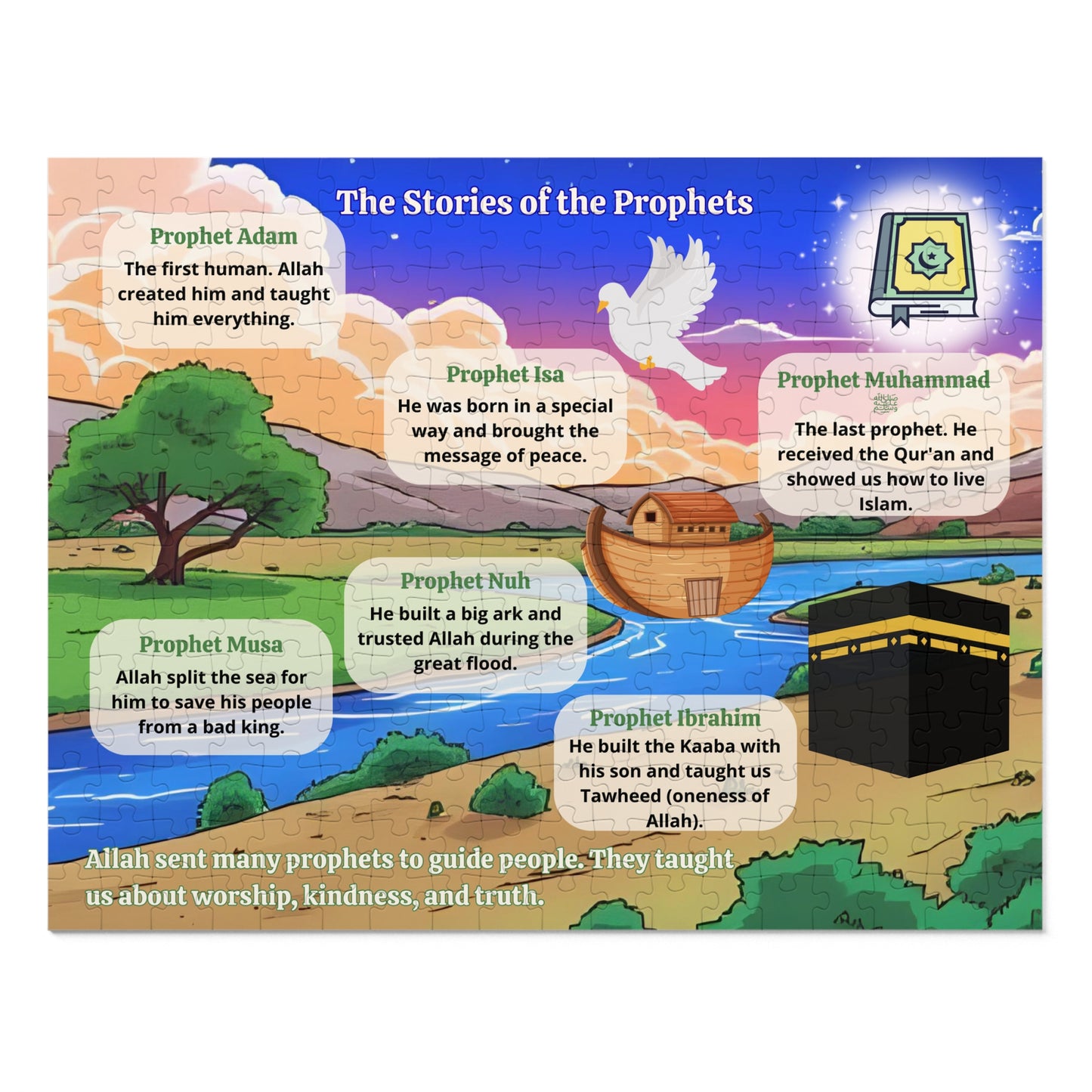 Islamic Educational Puzzle Set for Muslim Kids – 6 Puzzles on Deen, Prophets, Prayer, Daily Life & Values (30–2000 pcs)