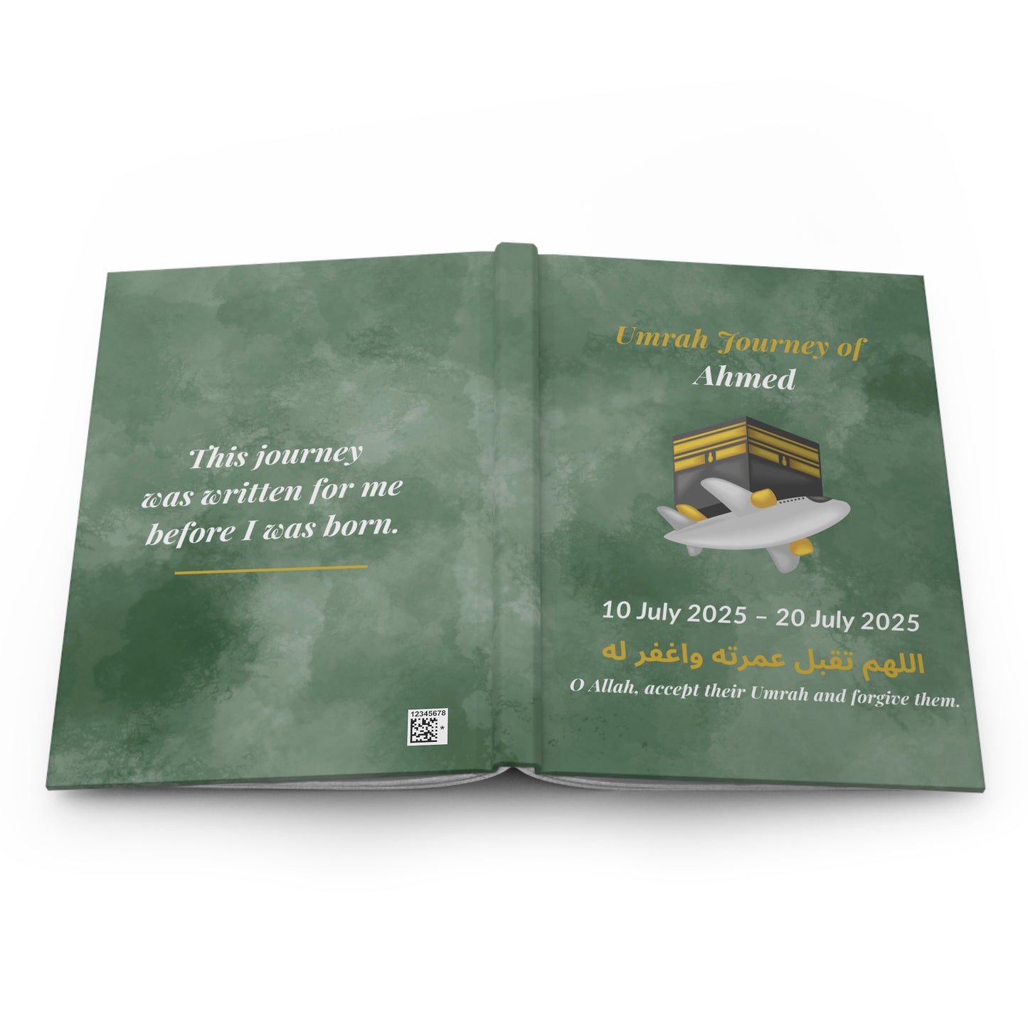 Personalized Umrah Journey Notebook – Green Matte Hardcover Islamic Journal with Dua & Dates