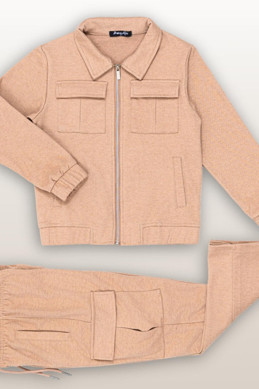 Beige boys cargo pants set with vest jacket - two-piece casual outfit ages 6-14