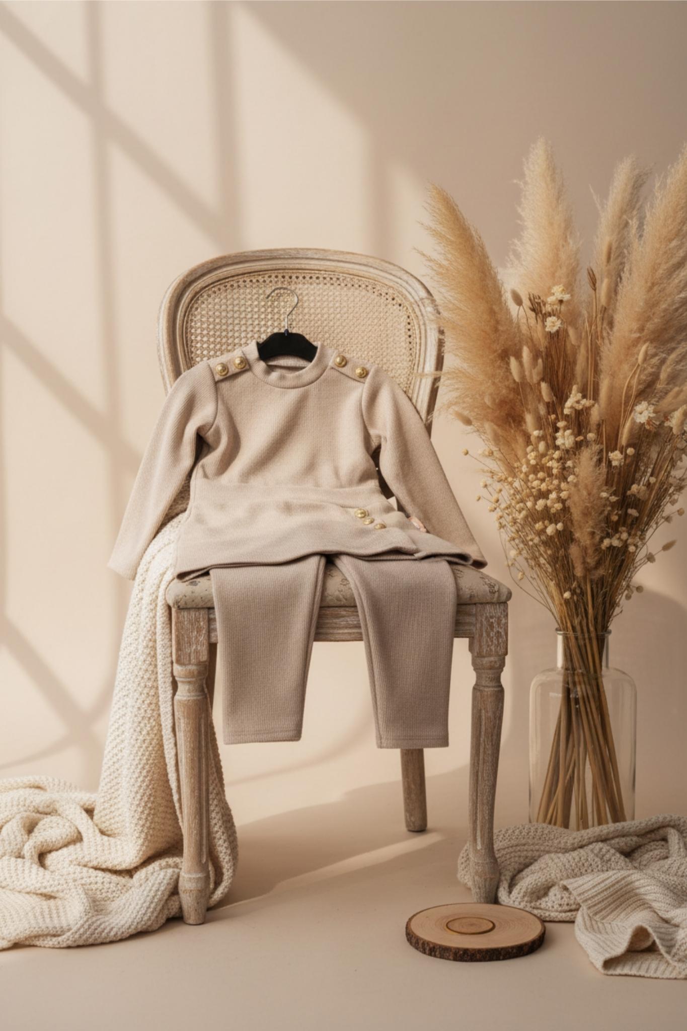 Beige sweater and pants set for girls on a wicker chair with dried plants and soft lighting