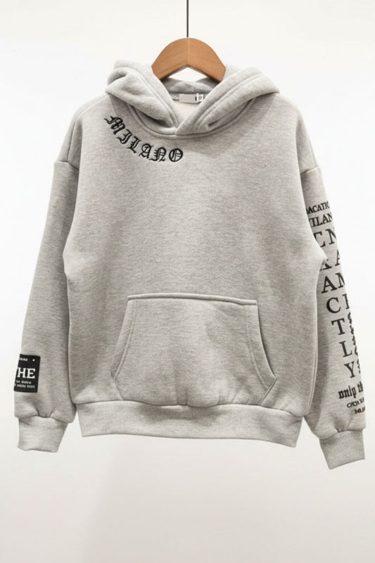 Grey Milano graphic hoodie for boys with street style prints on sleeves and back