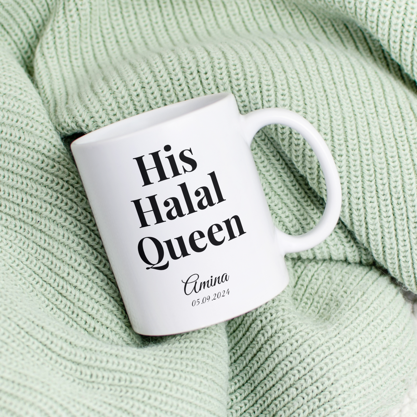 Halal Couple Mug Set – Her King & His Queen – Personalized with Name & Date
