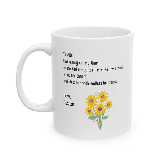 White mug with Islamic dua for mother, yellow flower bouquet, and personalized signature “Love, Custom Name”.