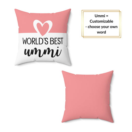Islamic pink “World’s Best Ummi” pillow with customizable word for mother