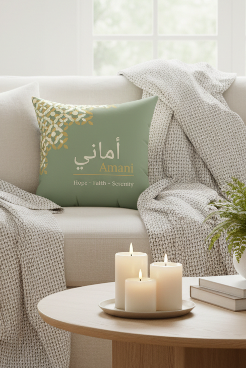 Multilingual personalized cushion styled on luxury cream sofa with soft throws candles and greenery