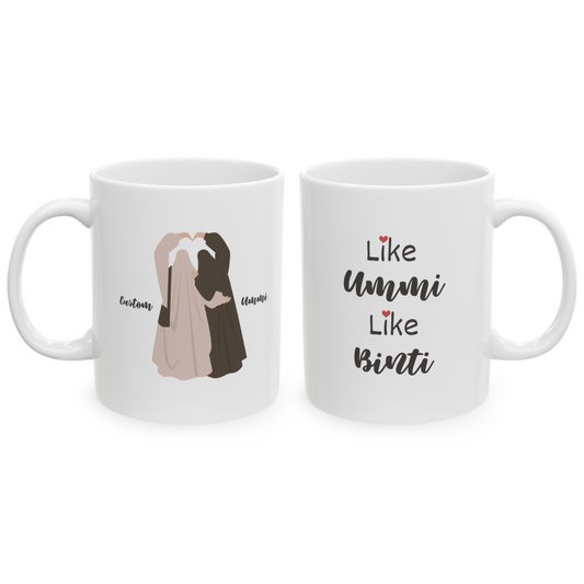 Two-sided mug with mother-daughter Islamic illustration and text “Like Ummi Like Binti”, with personalizable names below.