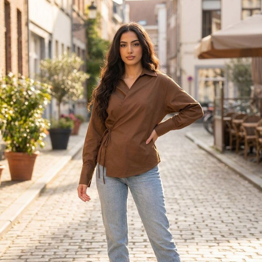 Women's brown wrap blouse with tie details - versatile cotton polyester shirt