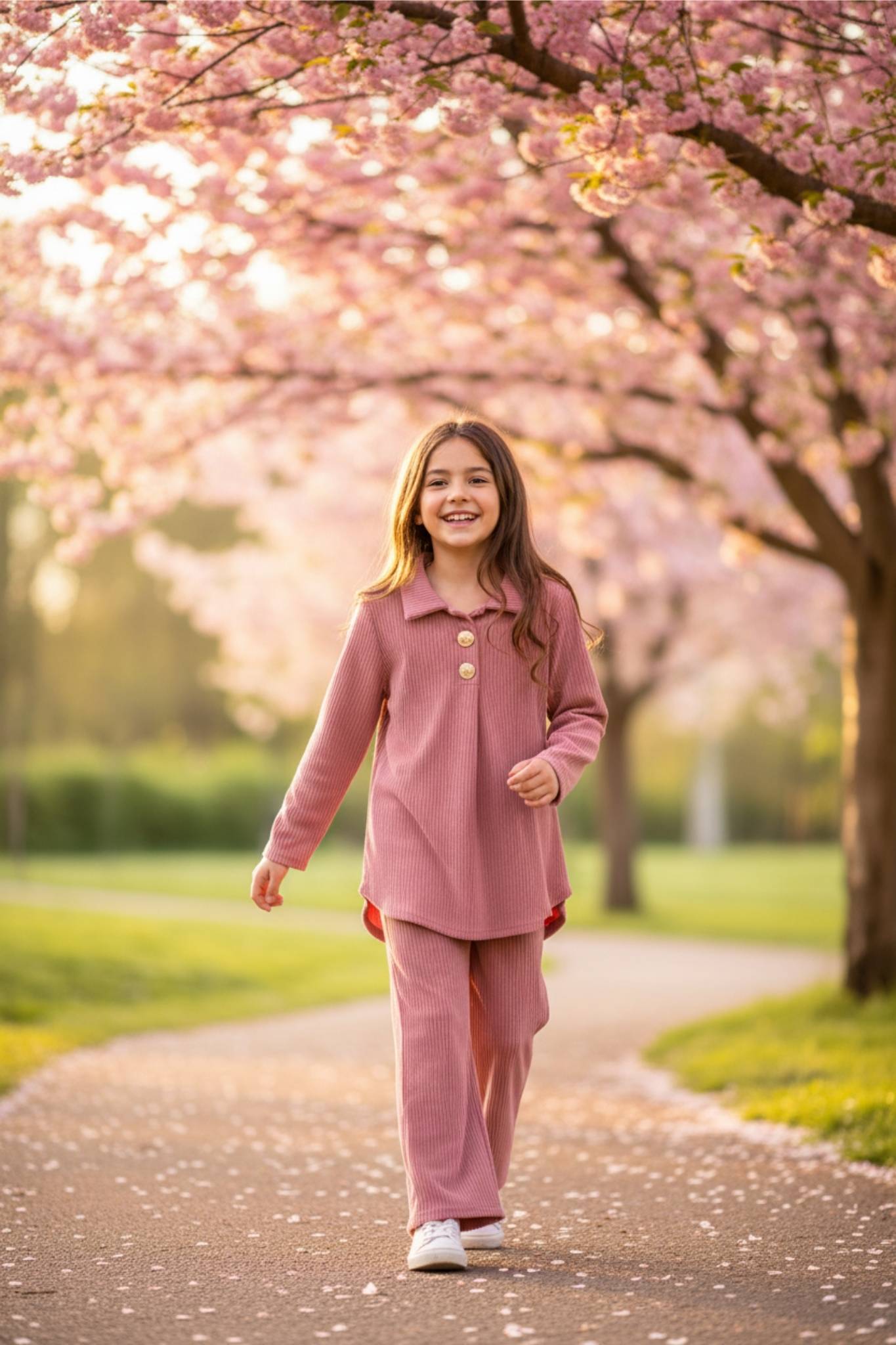 Pink girls ribbed two-piece set with tunic and wide-leg pants - comfortable outfit ages 6-12