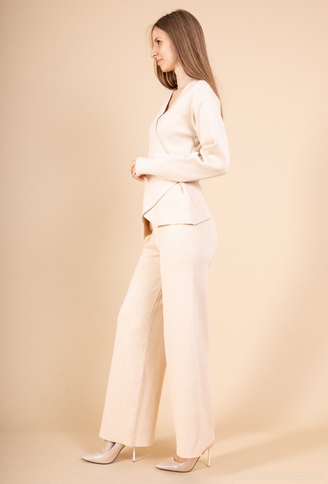 Tailored beige wrap top and pants set - sophisticated women's outfit