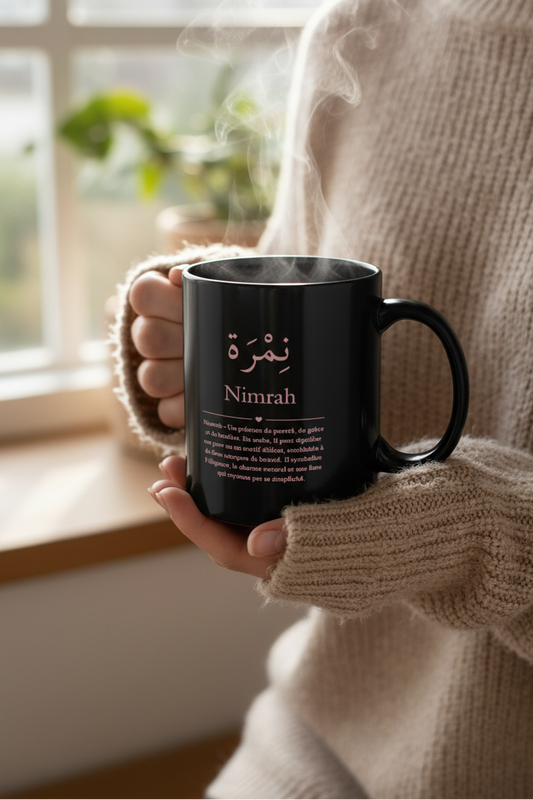 Custom Arabic calligraphy mug held in hands - personalized ceramic cup with name meaning dishwasher safe