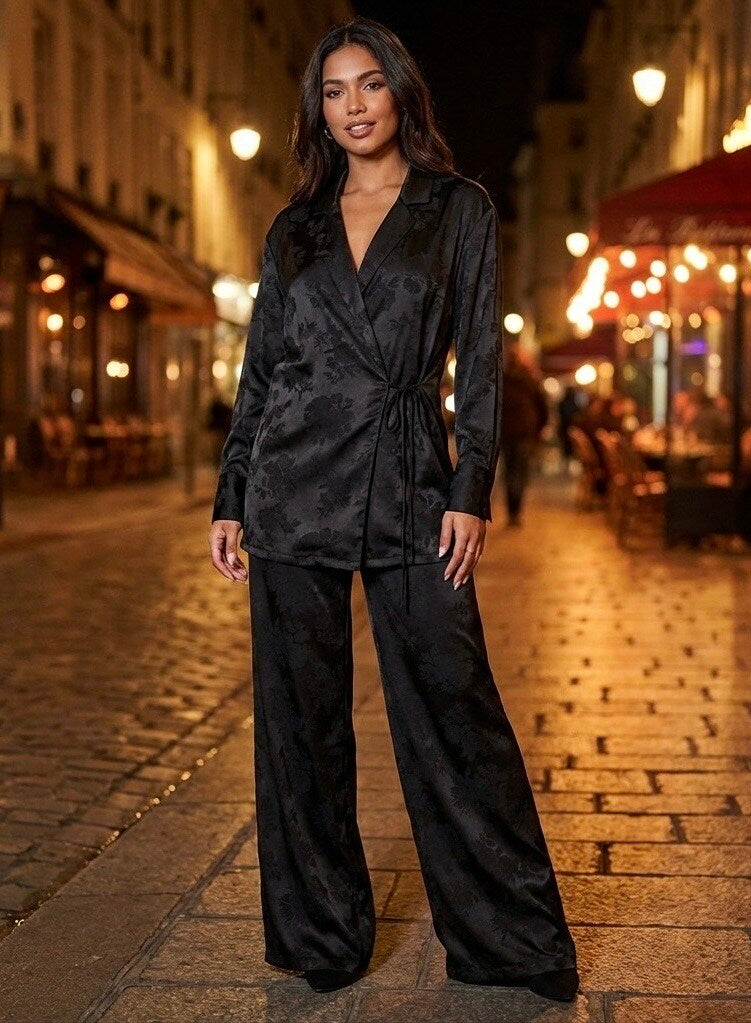 Black satin wrap set with floral print - elegant blouse and wide-leg pants S-XL