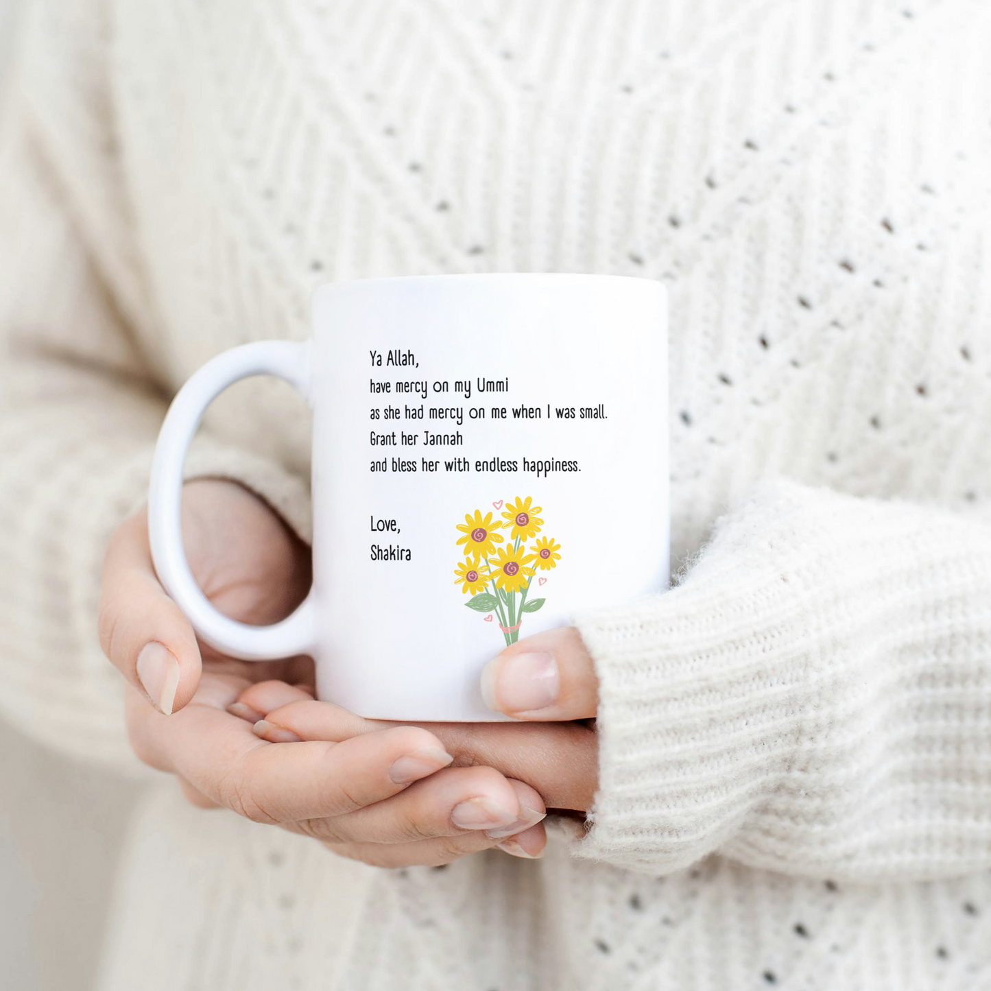 White mug with Islamic dua for mother, yellow flower bouquet, and personalized signature “Love, Custom Name”.