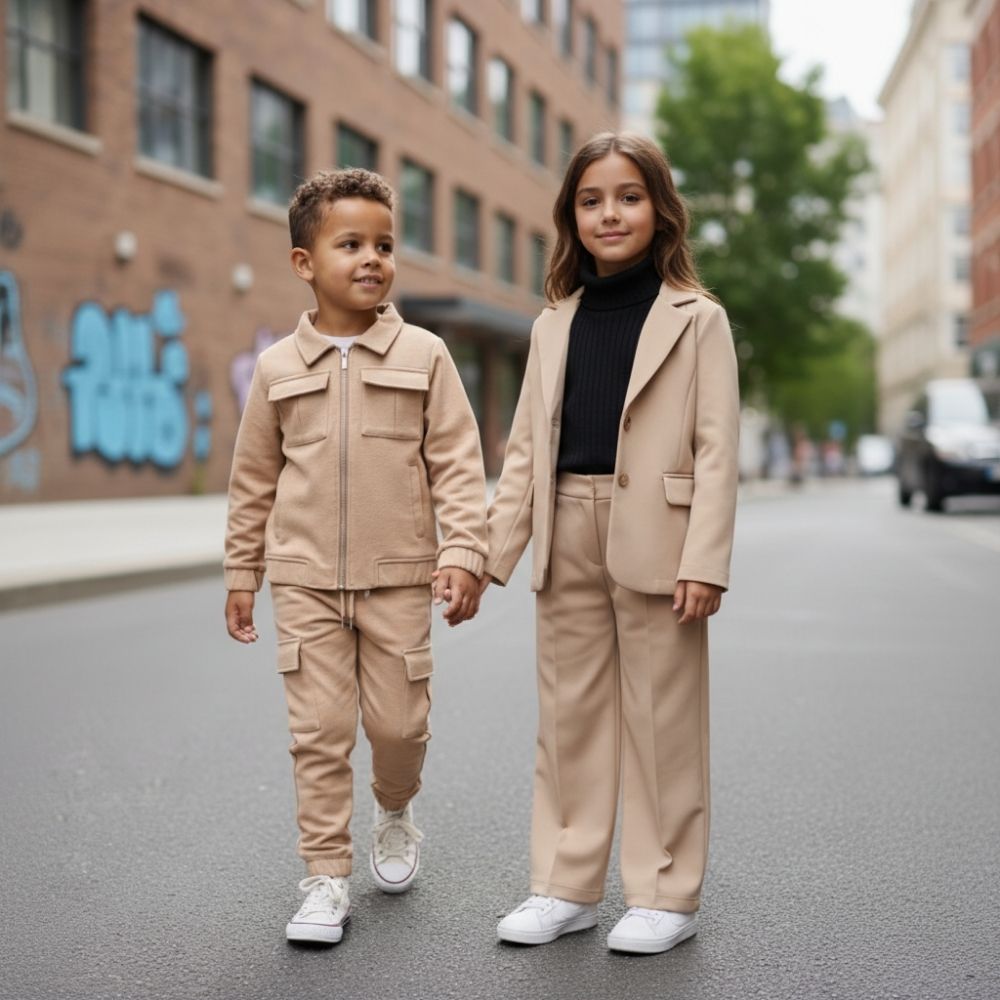 A boy and a girl wearing two-piece sets for the ages 4 - 14 years