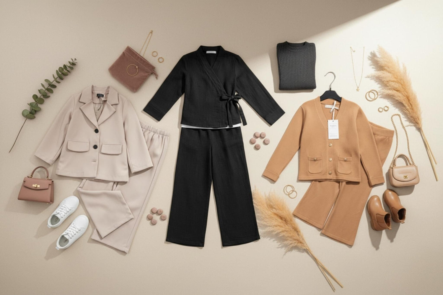 Kidswear collection flatlay - Luxury children's clothing sets in rose taupe and neutral tones