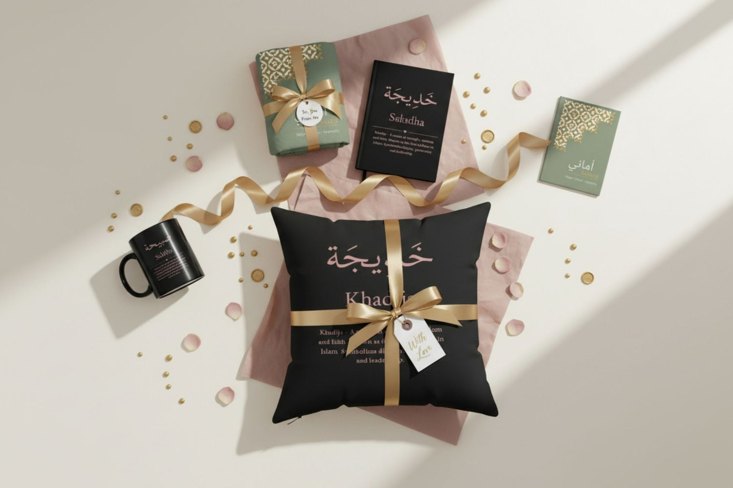 Gift bundle collection flatlay - Personalized Arabic name gifts in luxury minimalist style