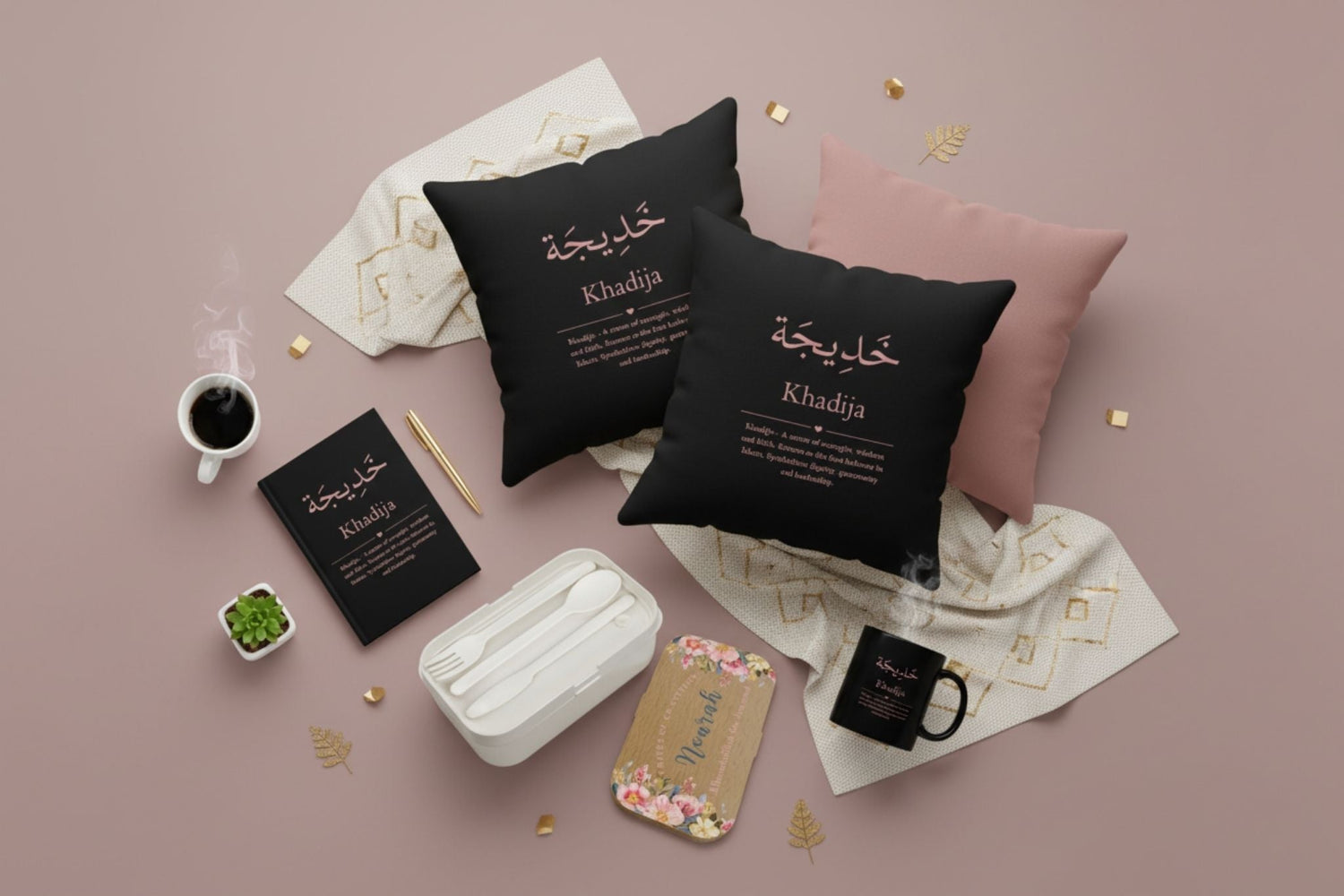 Name gifts collection flatlay - Personalized Arabic name products on dusty pink background