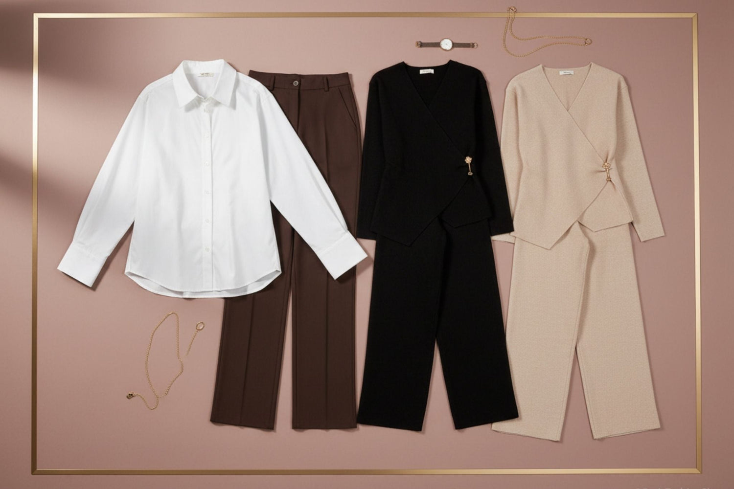 Luxury women's wear flatlay on rose taupe background - Oversized cotton blouse, straight leg trousers and elegant wrap sets with gold accents
