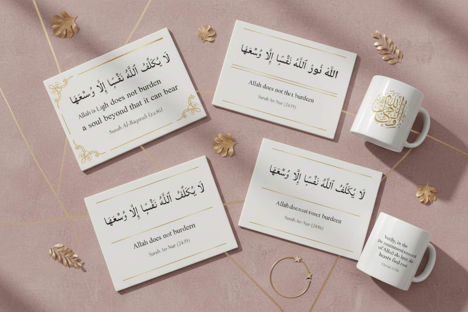 Luxury faith and verses flatlay on rose taupe background - Personalized Quran verse tiles and mugs with Arabic calligraphy and gold accents