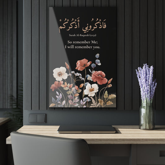 Islamic acrylic wall art with Surah Al-Baqarah 2:152 in Arabic and English, floral design on black background