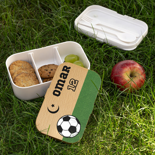 Football-themed lunchbox for Muslim kids with custom name, jersey number, and Islamic crescent and star