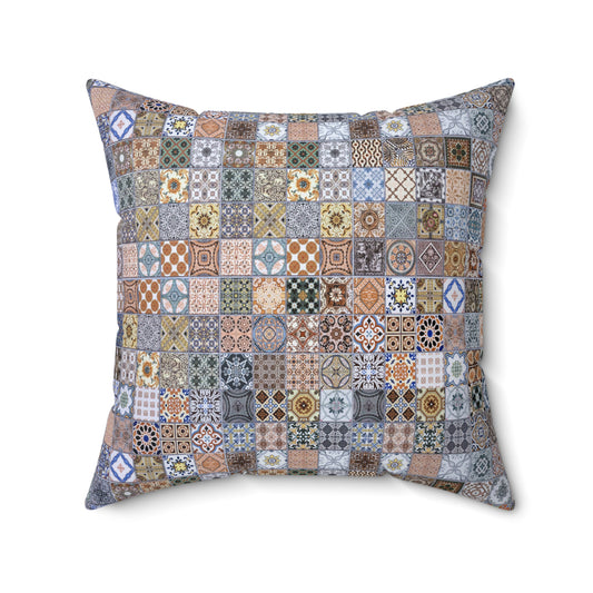 Islamic throw pillow with double-sided Moroccan tile mosaic design in earthy and blue tones