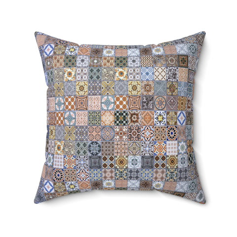 Islamic throw pillow with double-sided Moroccan tile mosaic design in earthy and blue tones