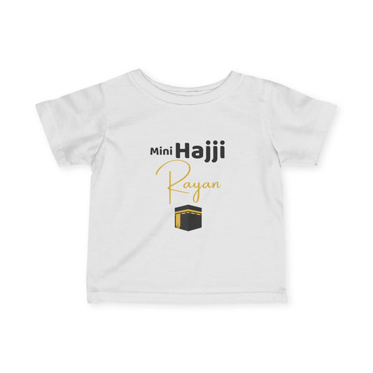 Personalized Mini Hajji baby T-shirt with Kaaba design and custom name in gold script