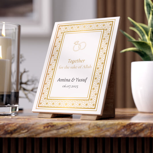 Personalized Islamic wedding tile with gold rings and names, Nikah keepsake gift with Arabic-style border and custom date