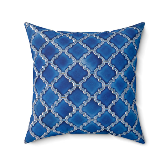 Royal blue Islamic throw pillow with Moroccan trellis pattern in white and silver tones